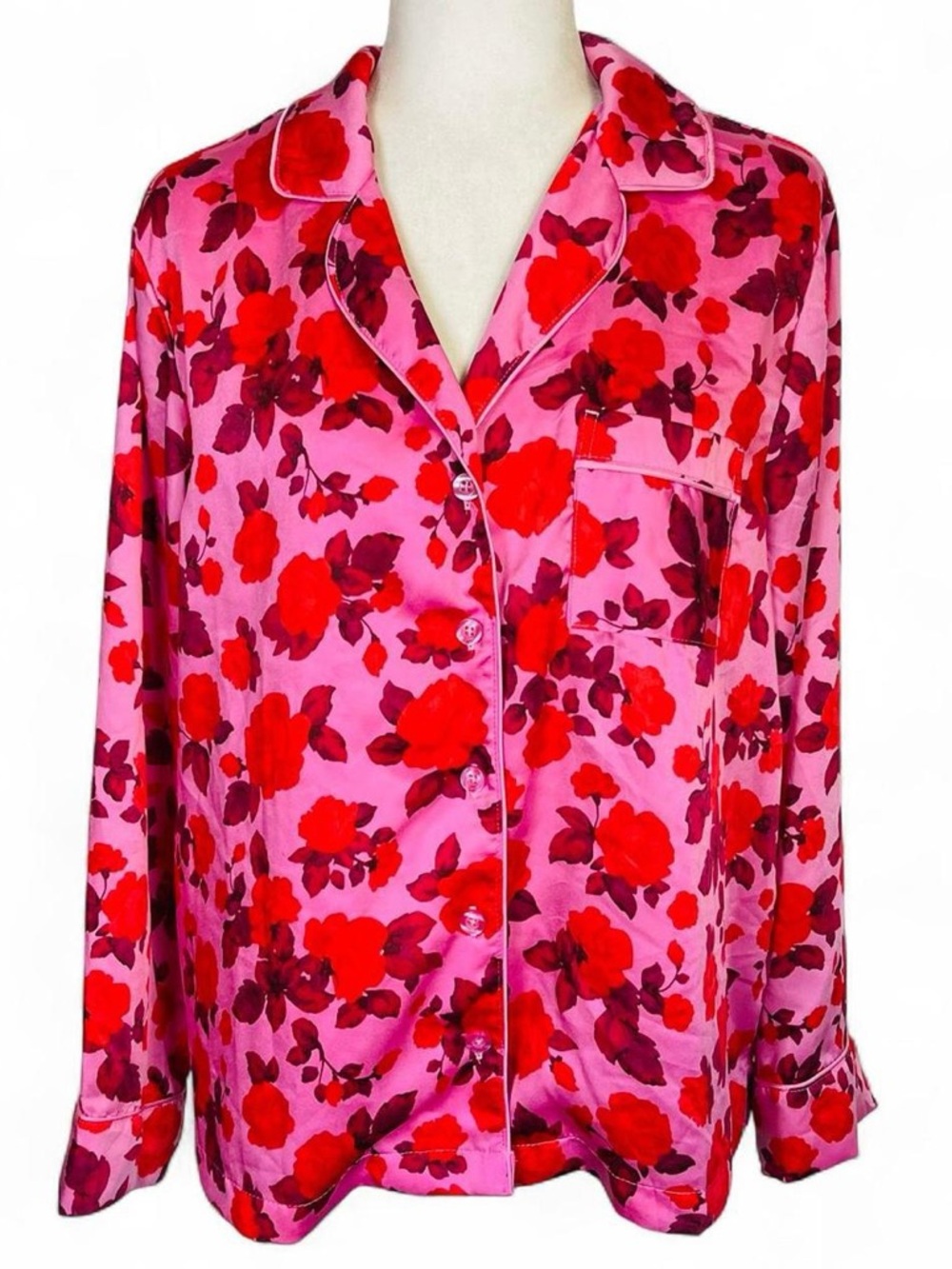 LOFT Sleep Size XL Satin Notch Collar Pajama Top Shirt Pink Red Floral Button